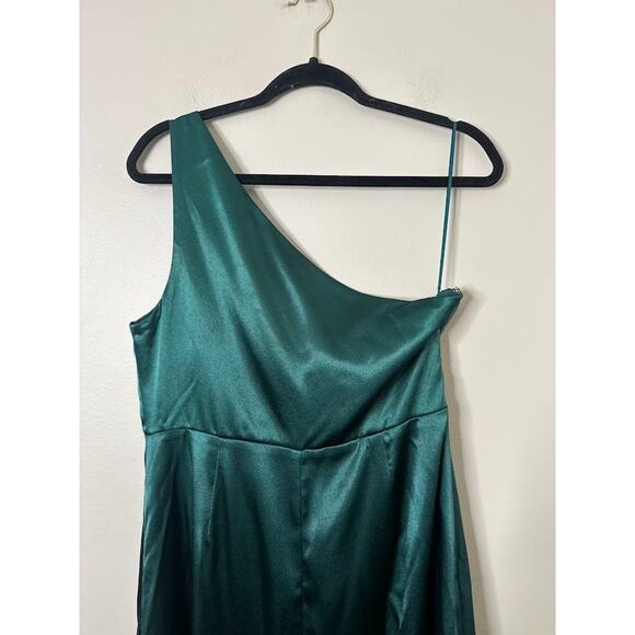 Birdy Grey Satin One Shoulder Maxi Kira Dress L Front Slit Emerald Green Formal - Picture 6 of 10